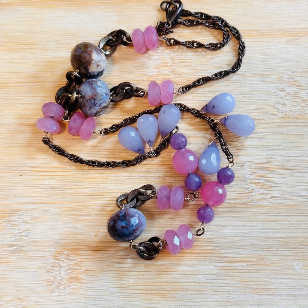 VTG Y2K Pastel Stone Glass Necklace BOHO Artisan Mod Copper Chain Rare OOAK 26" - Picture 3 of 5